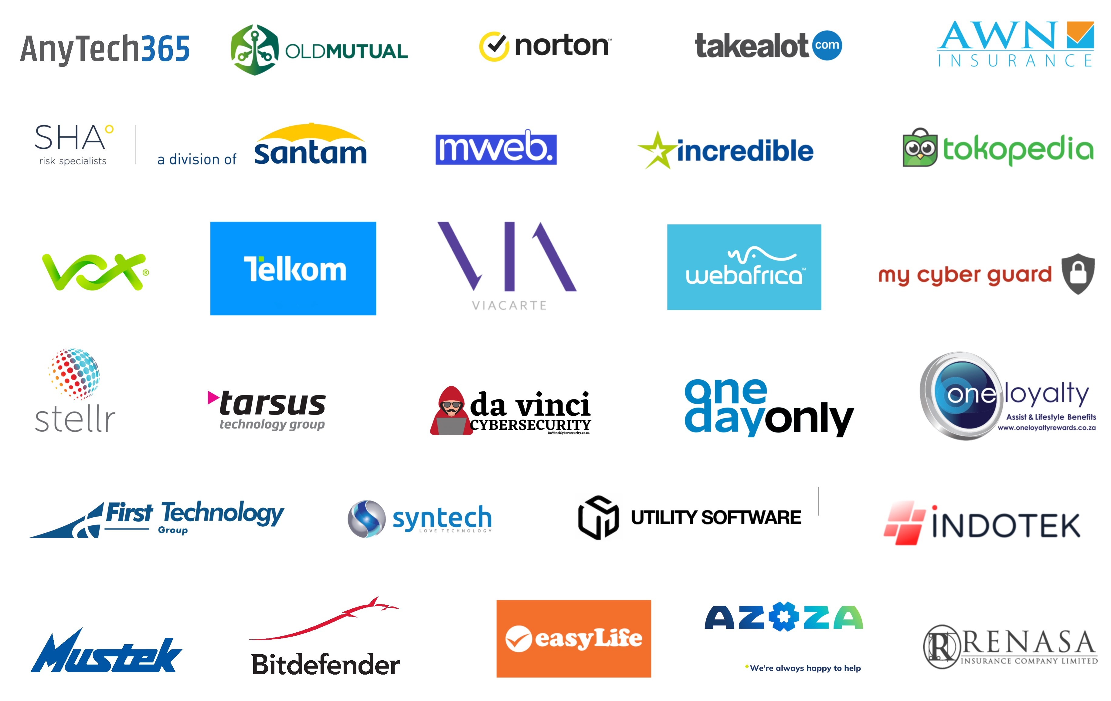 Strategic partners including Takealot, Old Mutual, Norton, AnyTech365, AWN Insurance, Renasa, Telkom, SHA, Santam, Mweb, Incredible, Tokopedia, Vox Telecom, Bitdefender, IndoTek, Europ Assistance, ViaCarte, Webafrica, My Cyber Guard, EasyLife, and Utility Software