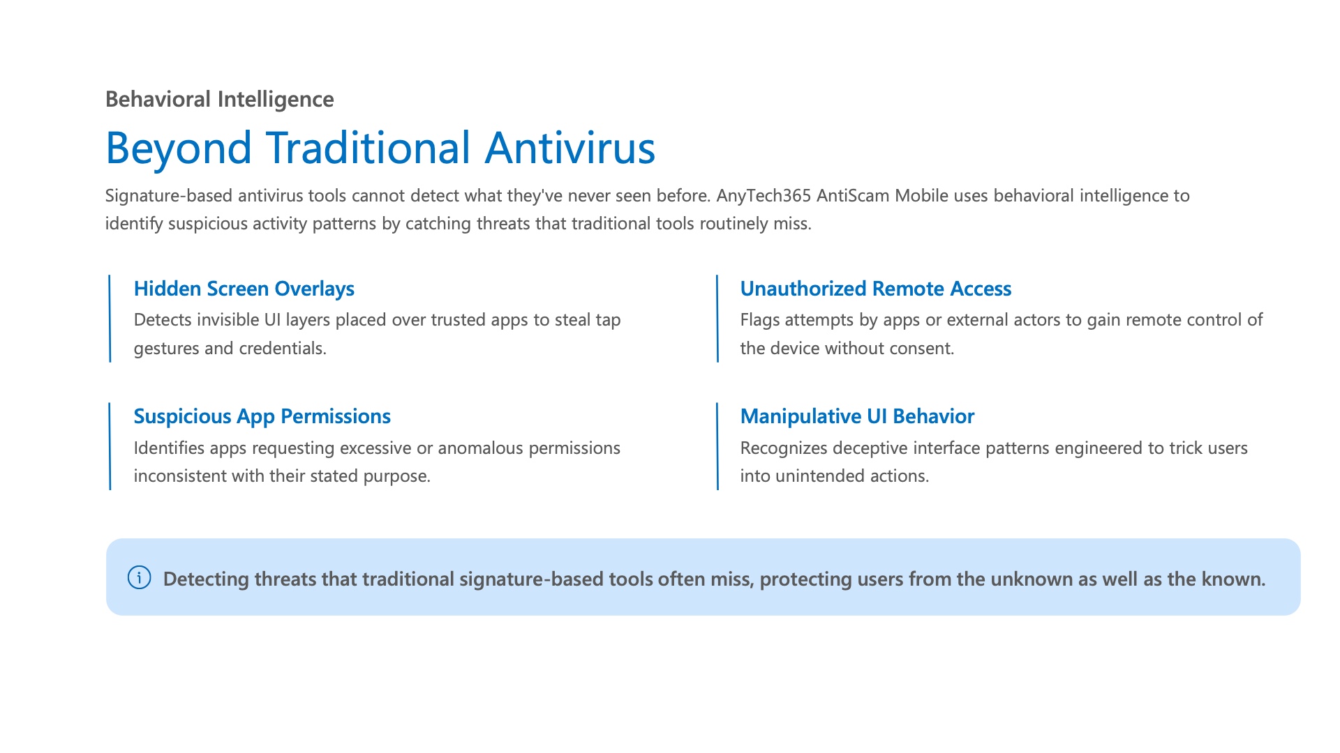 Beyond traditional antivirus — behavioral intelligence catches threats signature-based tools miss.