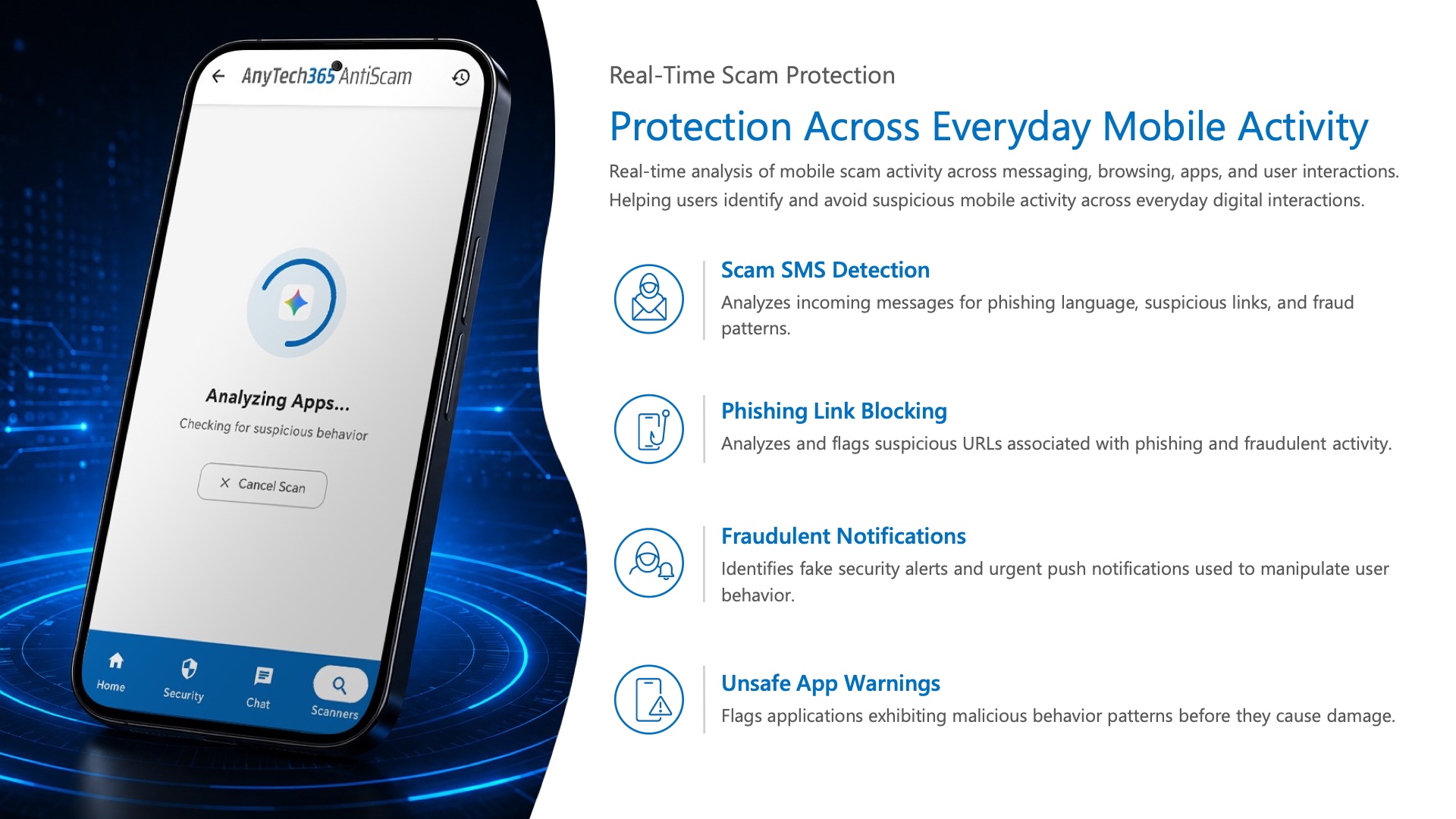 Protection across everyday mobile activity: scam SMS detection, phishing link blocking, fraudulent notifications, and unsafe app warnings.