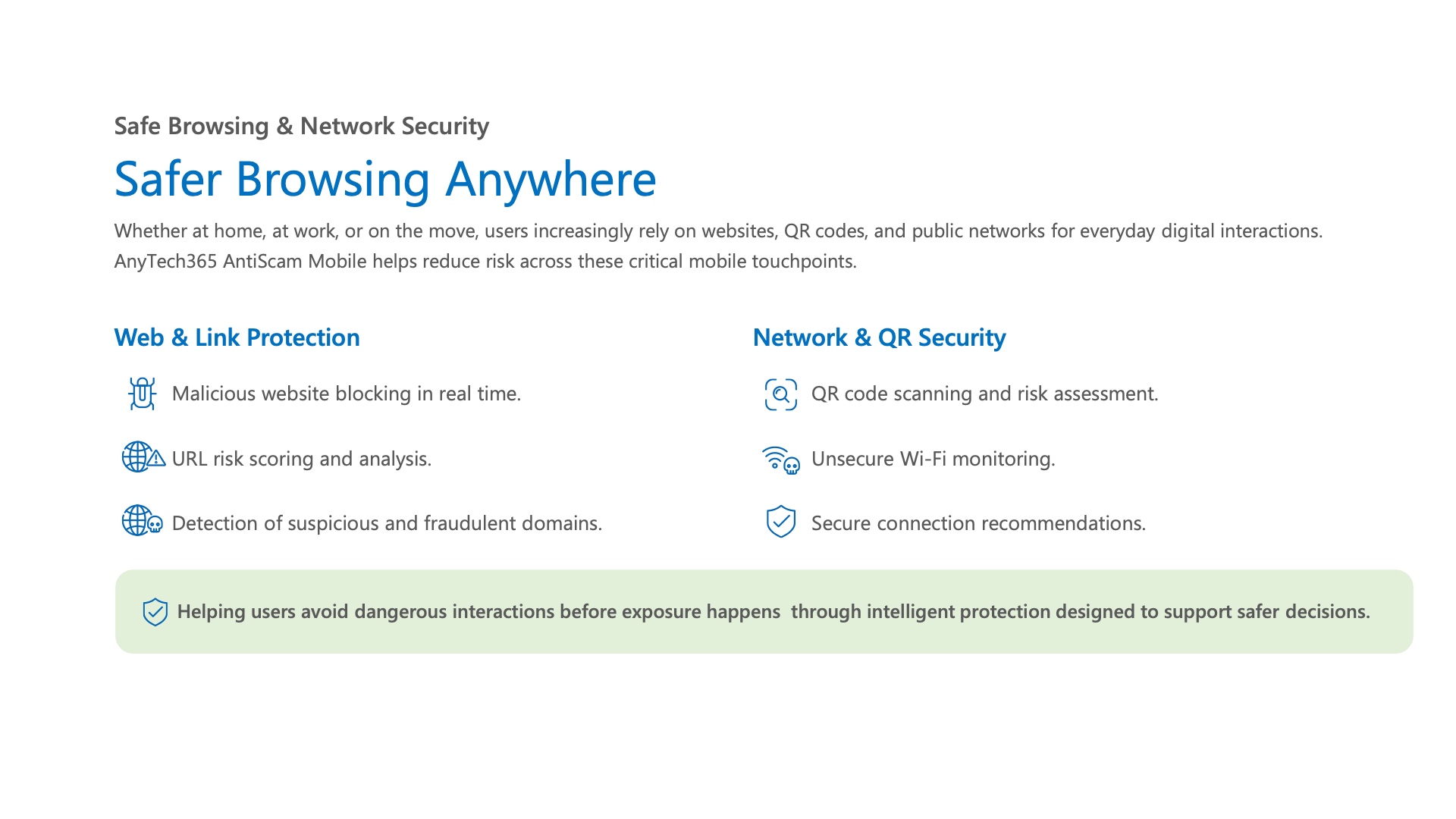 Safer browsing anywhere — web and link protection plus network and QR security.