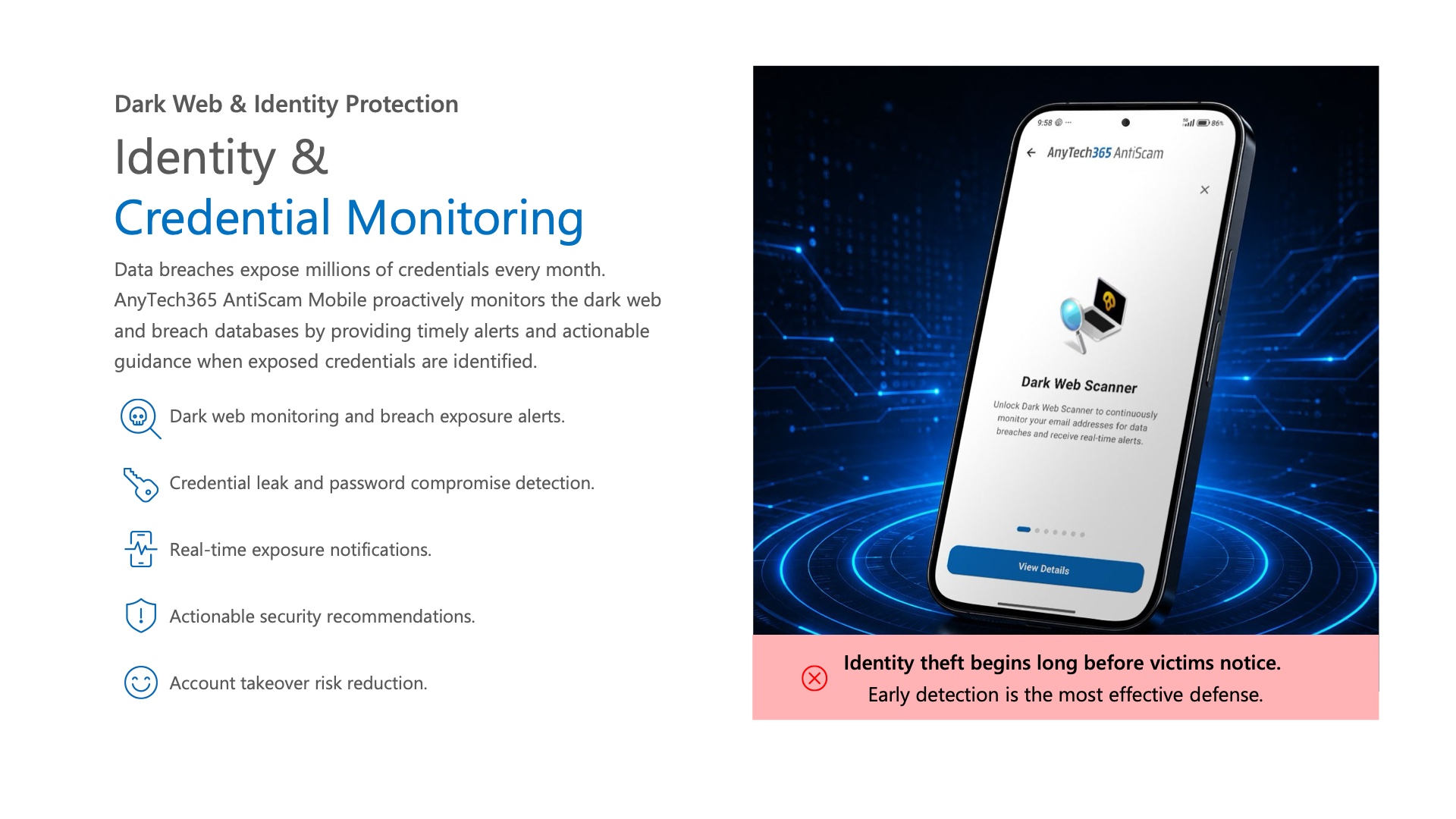 Identity and credential monitoring — dark web and breach exposure alerts.