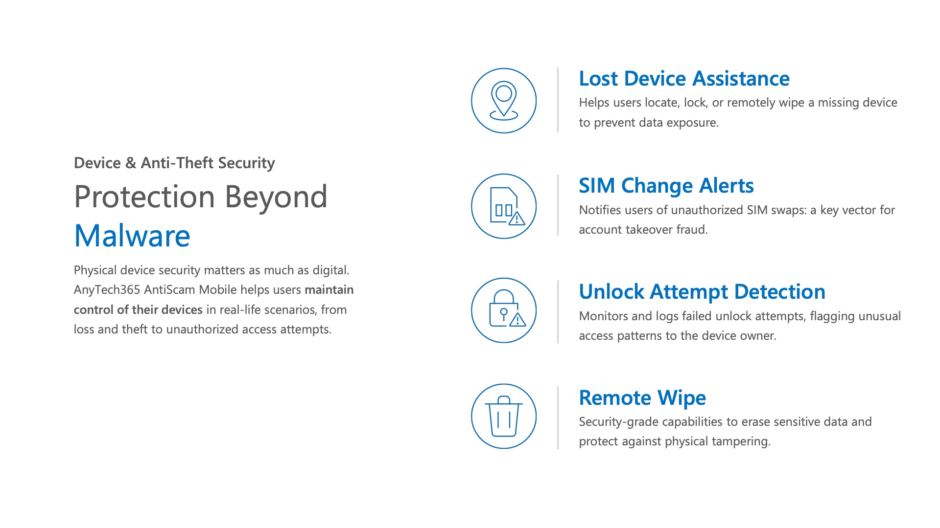 Protection beyond malware — device and anti-theft security: lost device assistance, SIM change alerts, unlock attempt detection, and remote wipe.