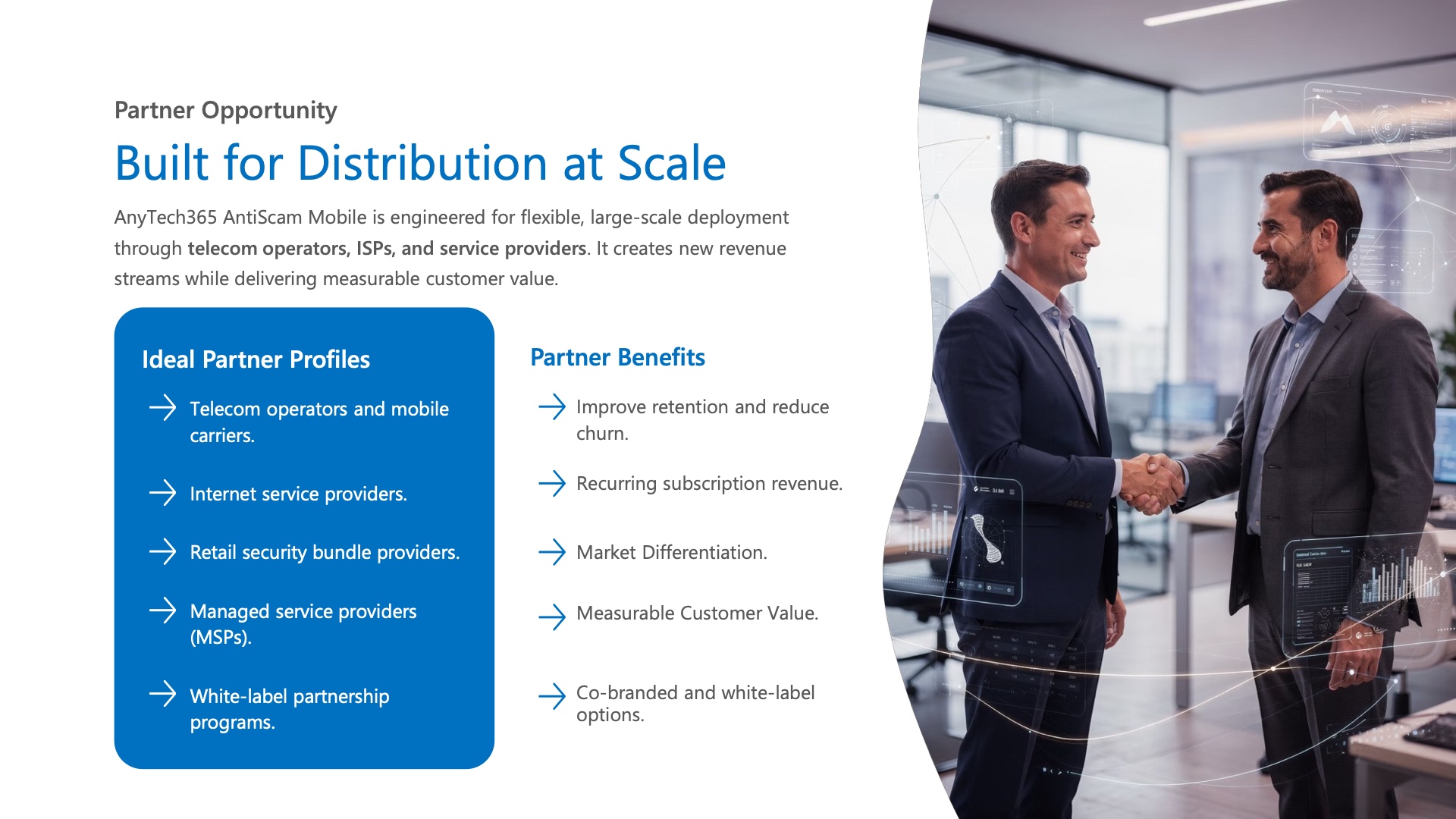 Built for distribution at scale — a partner opportunity for telecom operators, ISPs, and service providers.