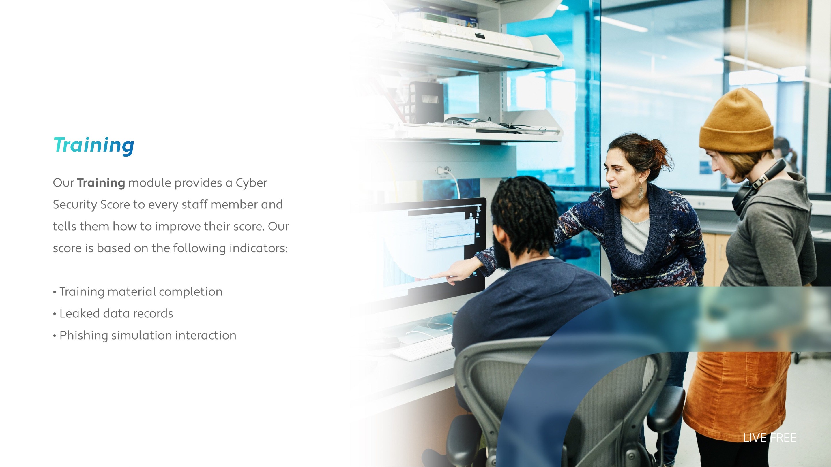 Training: Cyber Security Score based on training completion, leaked records, and phishing simulation interaction.