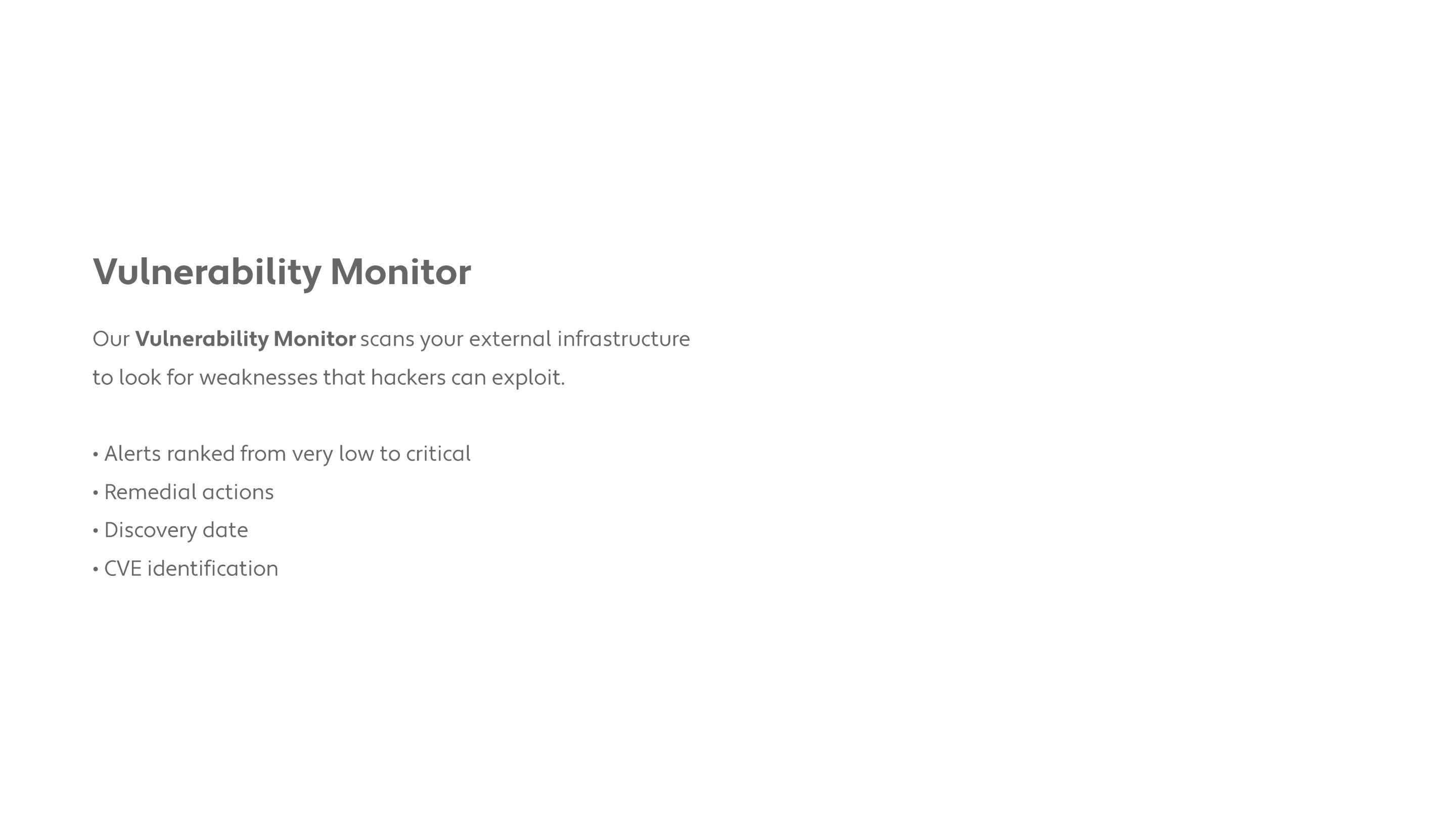 Vulnerability Monitor: scans external infrastructure for weaknesses ranked from low to critical, with CVE identification.